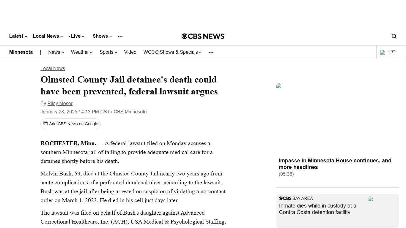 Olmsted County Jail detainee's death could have been prevented, federal lawsuit argues - CBS Minnesota
